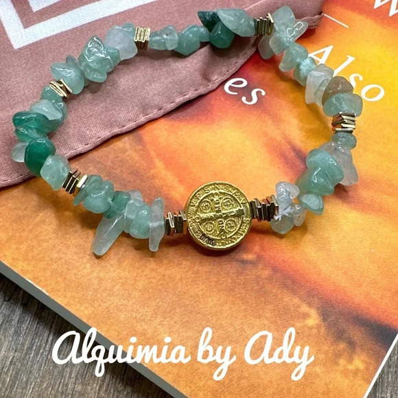 Gold hematite bright Green Aventurine beaded bracelet /Saint Benedict San Benito - Picture 1 of 5